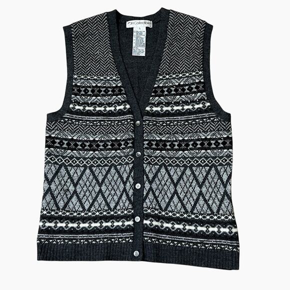 JH Collectibles Sweater Vest Fair Isle Womens Large Gray Wool Blend Beaded Vtg - Picture 4 of 6